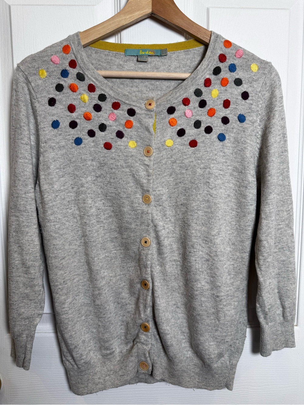 Boden Embroidered Polka Dot Cotton Cashmere Blend Cardigan Size 8 Medium